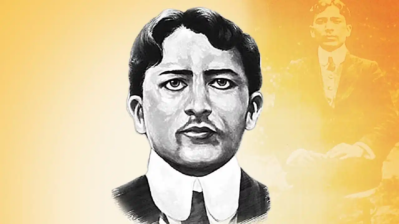 Modern illustrated portrait of Madan Lal Dhingra with the full seated photograph faintly reproduced behind it.